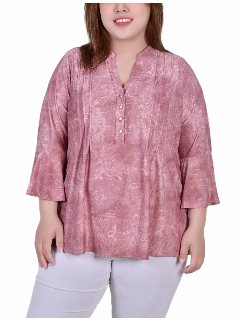 NY Collection Plus Size Roll Tab Sleeve Mauve Tie Dye 3X